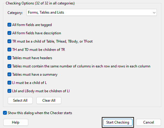Acrobat's Accessibility Check dialog is open with all testing criteria selected. "Start Checking" button is circled in black
