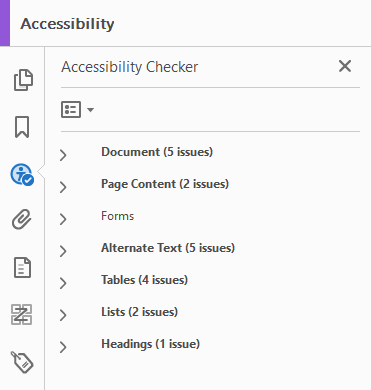 Acrobat Accessibility Checker panel is open, with various issues listed