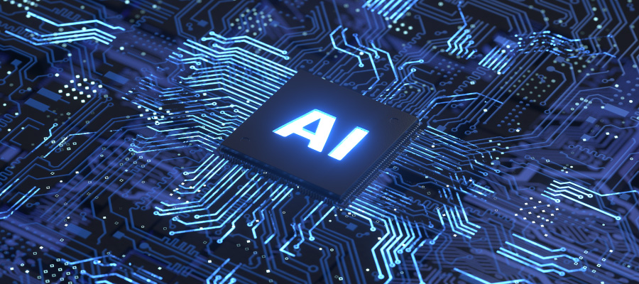 Glowing blue "AI" text is imprinted on a chip on a motherboard