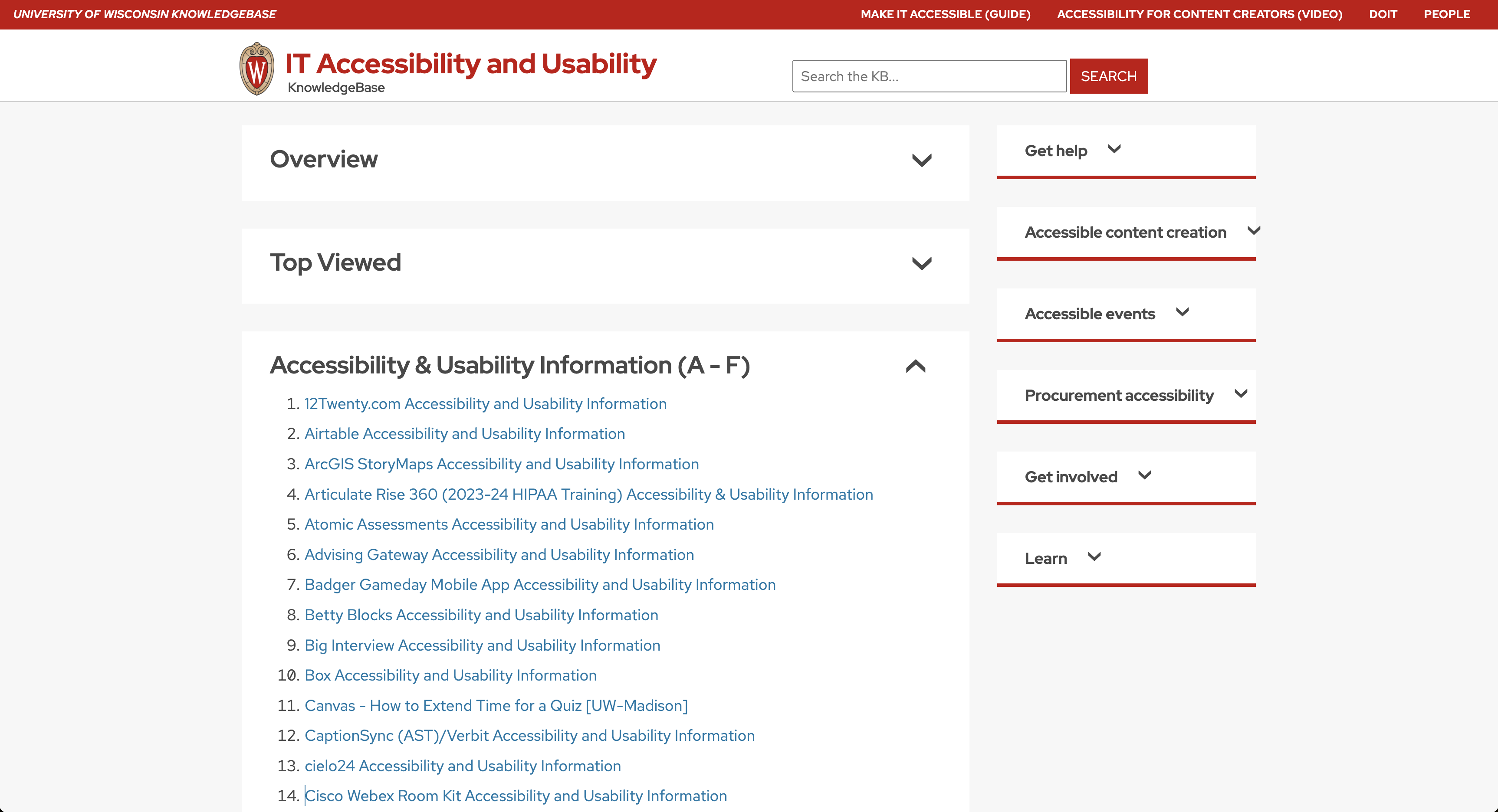 A Knowledge Base document with an index of alphabetized pages. See caption for details.