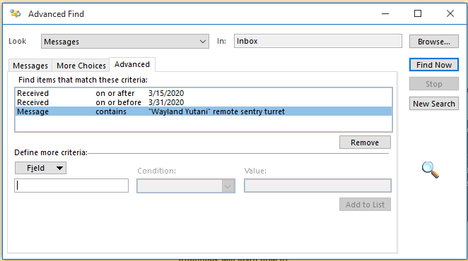 Outlook's advanced find feature's advanced tab