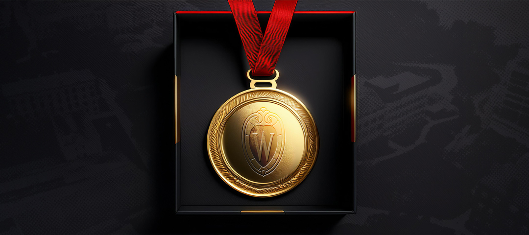 UW–Madison gold medal on a background of campus.