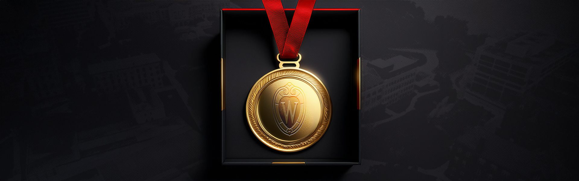 UW&ndash;Madison gold medal on a background of campus.