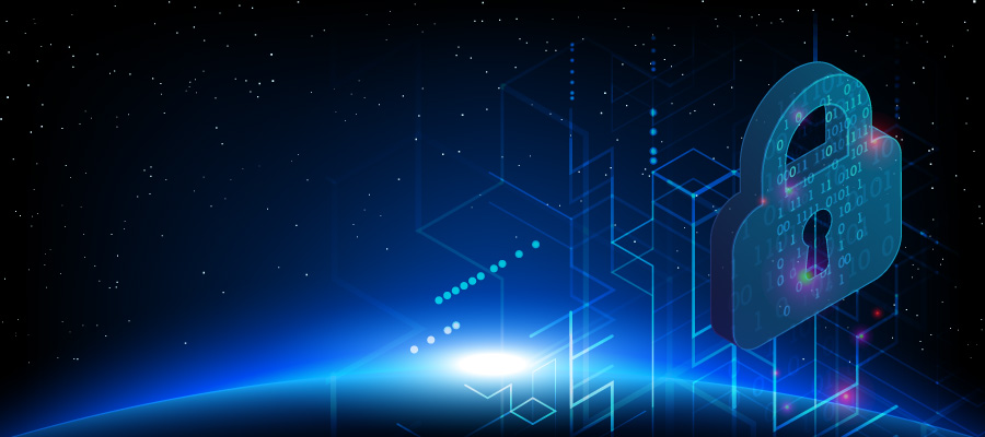 A digital lock concept superimposed over the earth's horizon