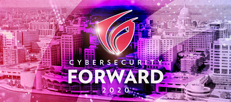 Madison skyline over Monona Terrace with Cybersecurity Forward shield logo.