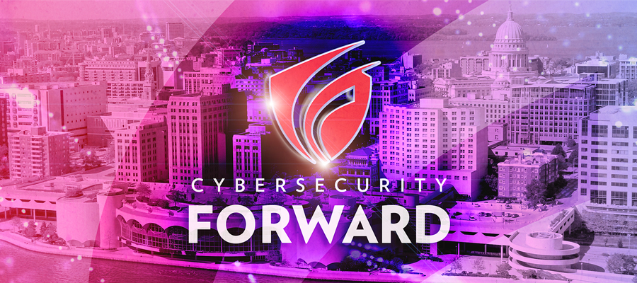 Aerial photo of Madison Wisconsin including Monona Terrace and the Wisconsin State Capitol with the Cybersecurity Forward motion shield logo