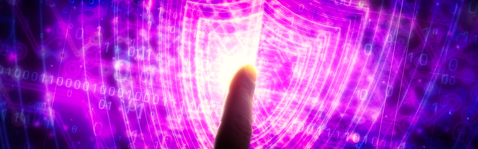 Digital shield in cyberspace with a person selecting it with their finger.