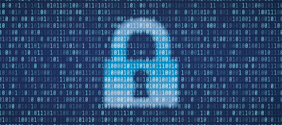 Lock silhouette behind zeros and ones representing data