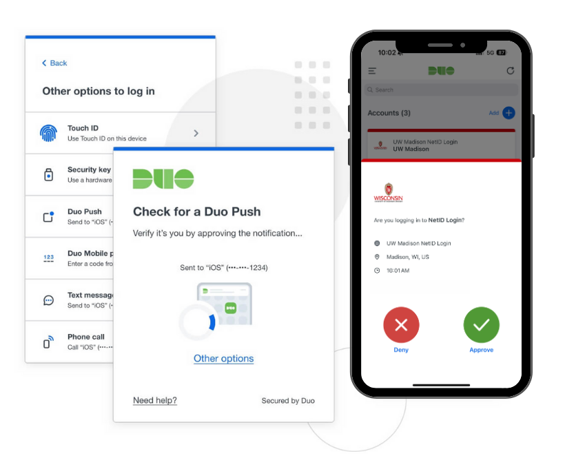 MFA-Duo mobile interface showing login options menu, push notification screen, and mobile app with Approve/Deny buttons for UW–‍Madison NetID login.
