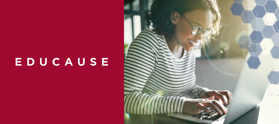 Woman using laptop and Educause Logo