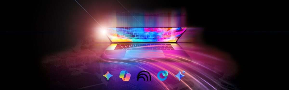 Laptop opening with colorful light streaks and the enterprise AI tool icons.