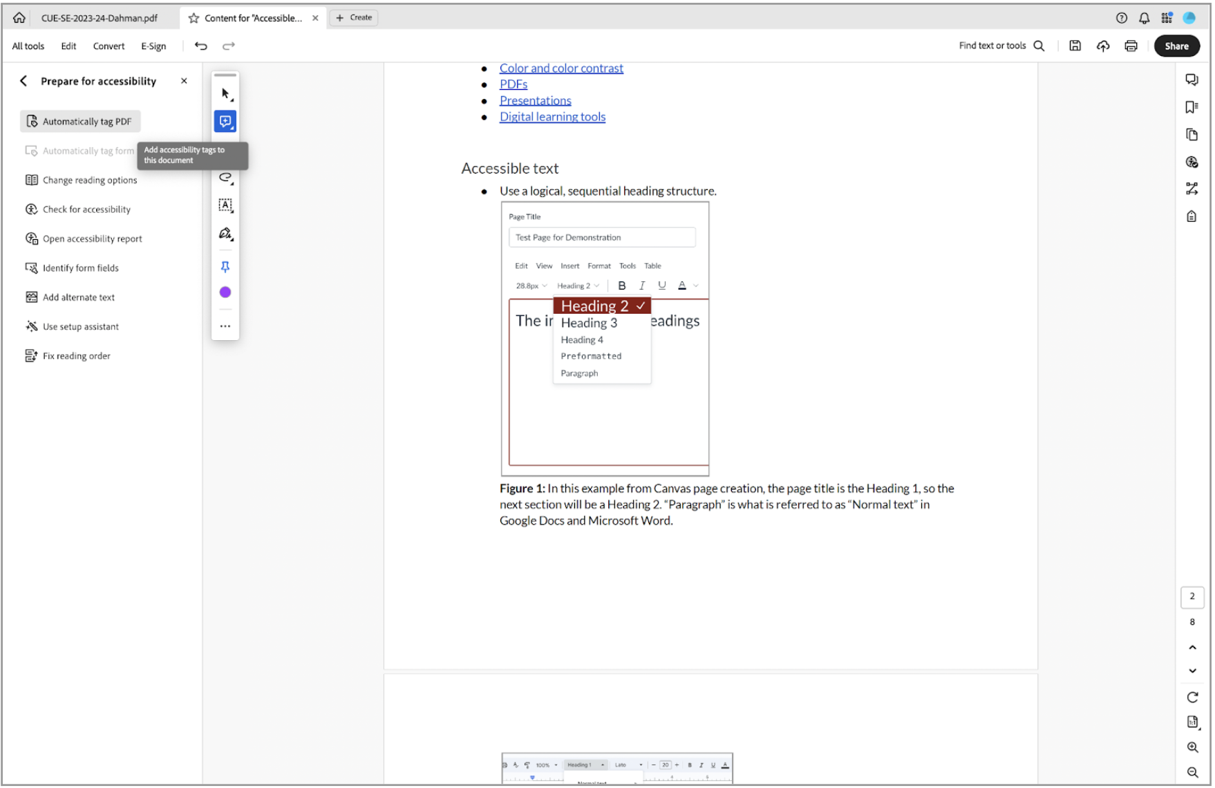 The Prepare for accessibility panel in Adobe Acrobat Pro, with automatically tag PDF selected. See caption for more details.