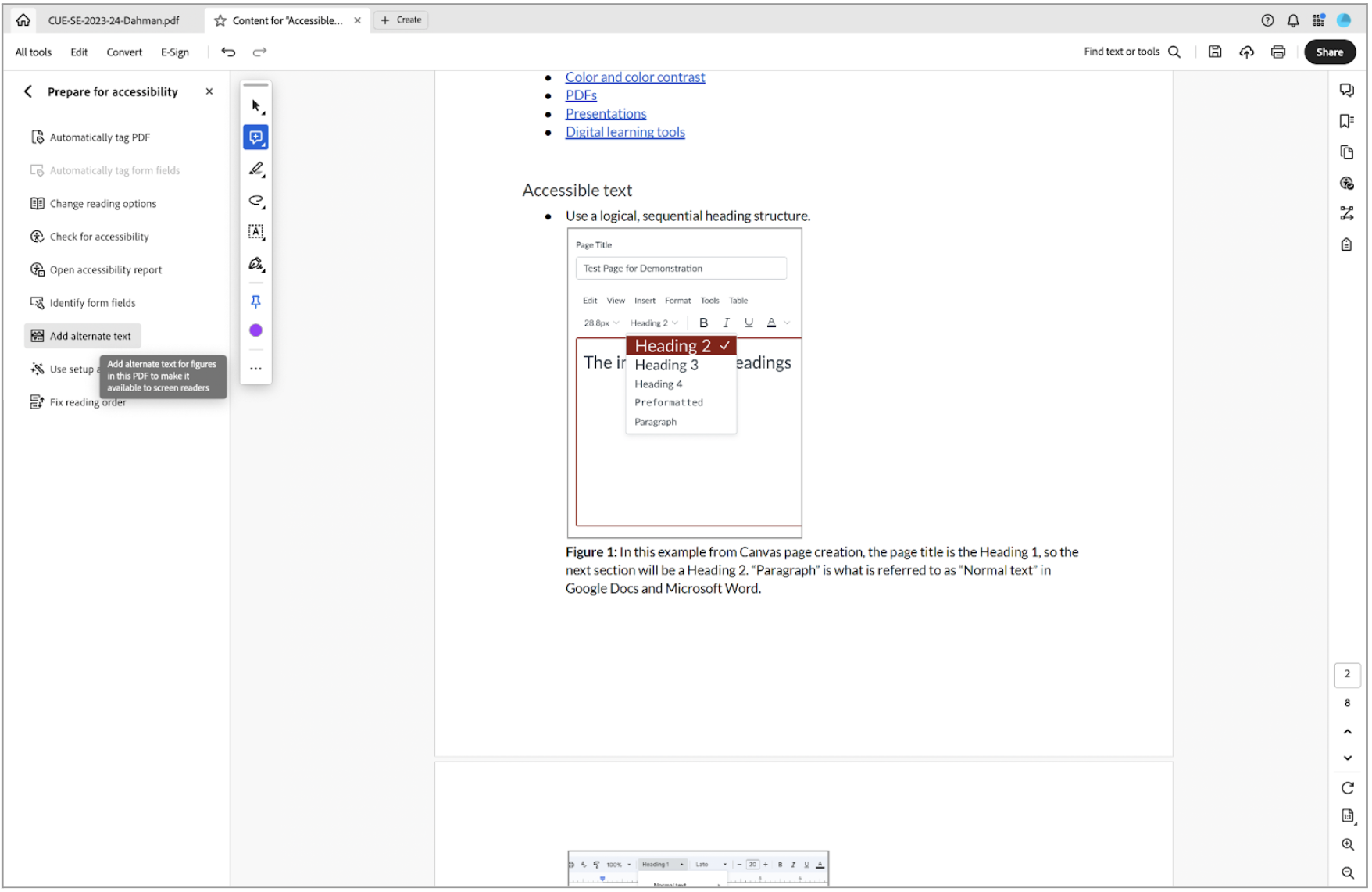 Adding alternate text in Adobe Acrobat Pro. See caption for more details