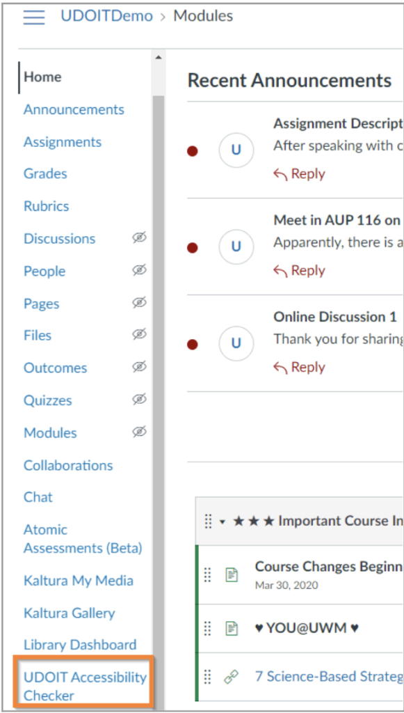 A course in Canvas with UDOIT selected in a color box in the navigation. See caption for more details.