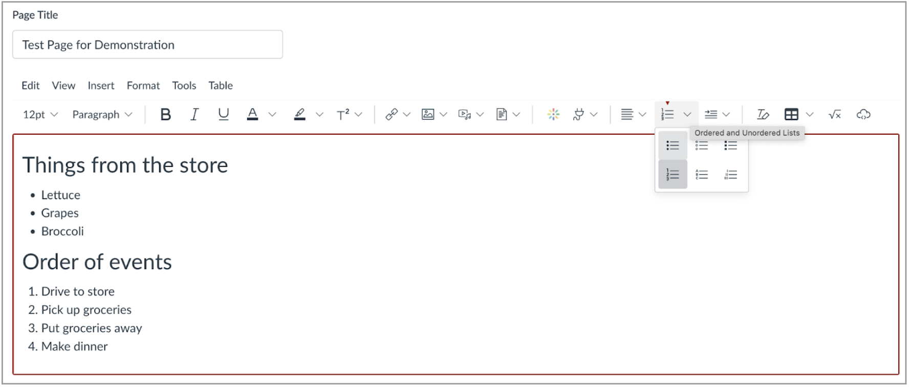 An unordered and ordered list in Canvas. See caption for more details.