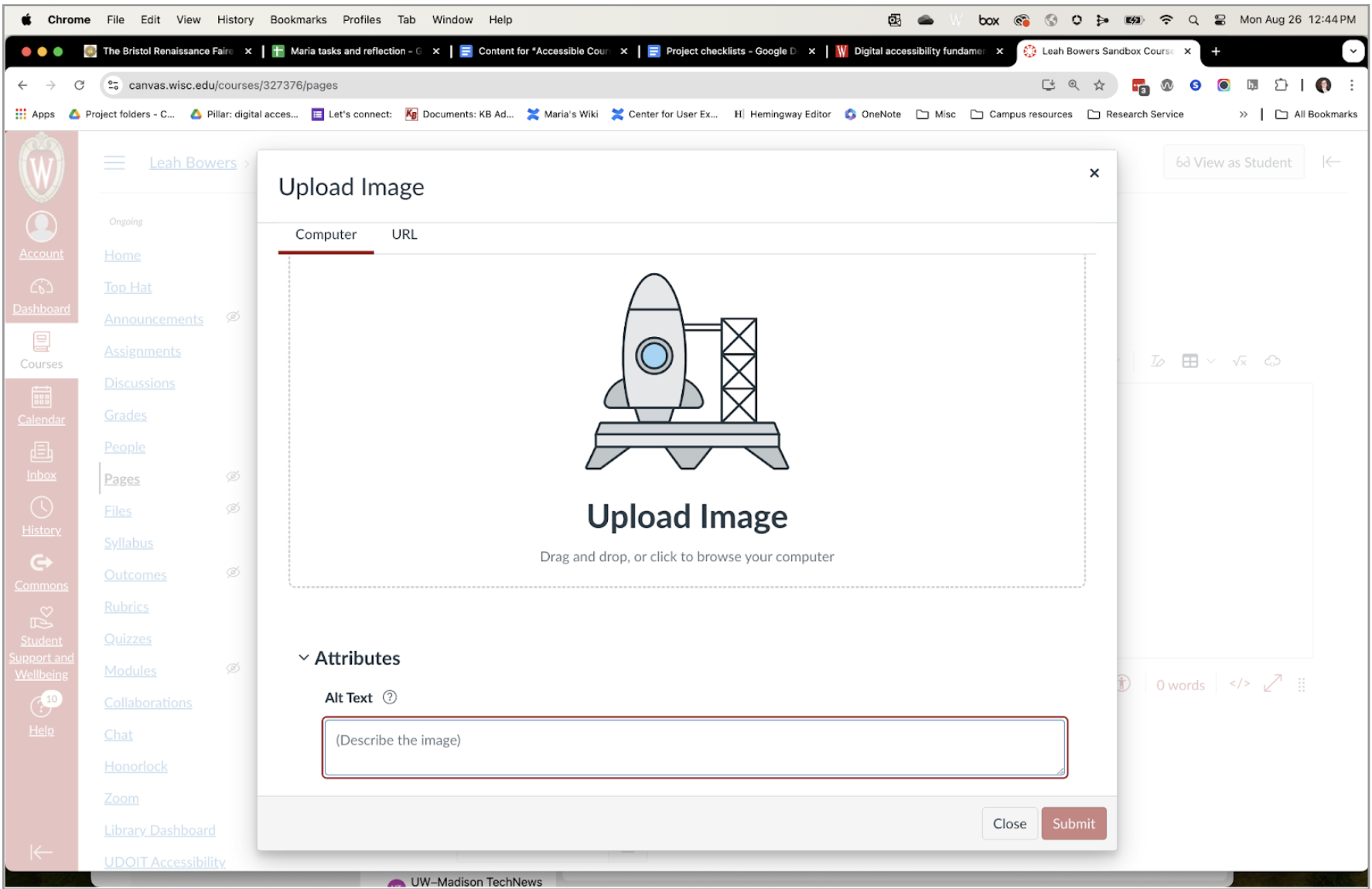 The upload images modal in Canvas. See caption for more details.