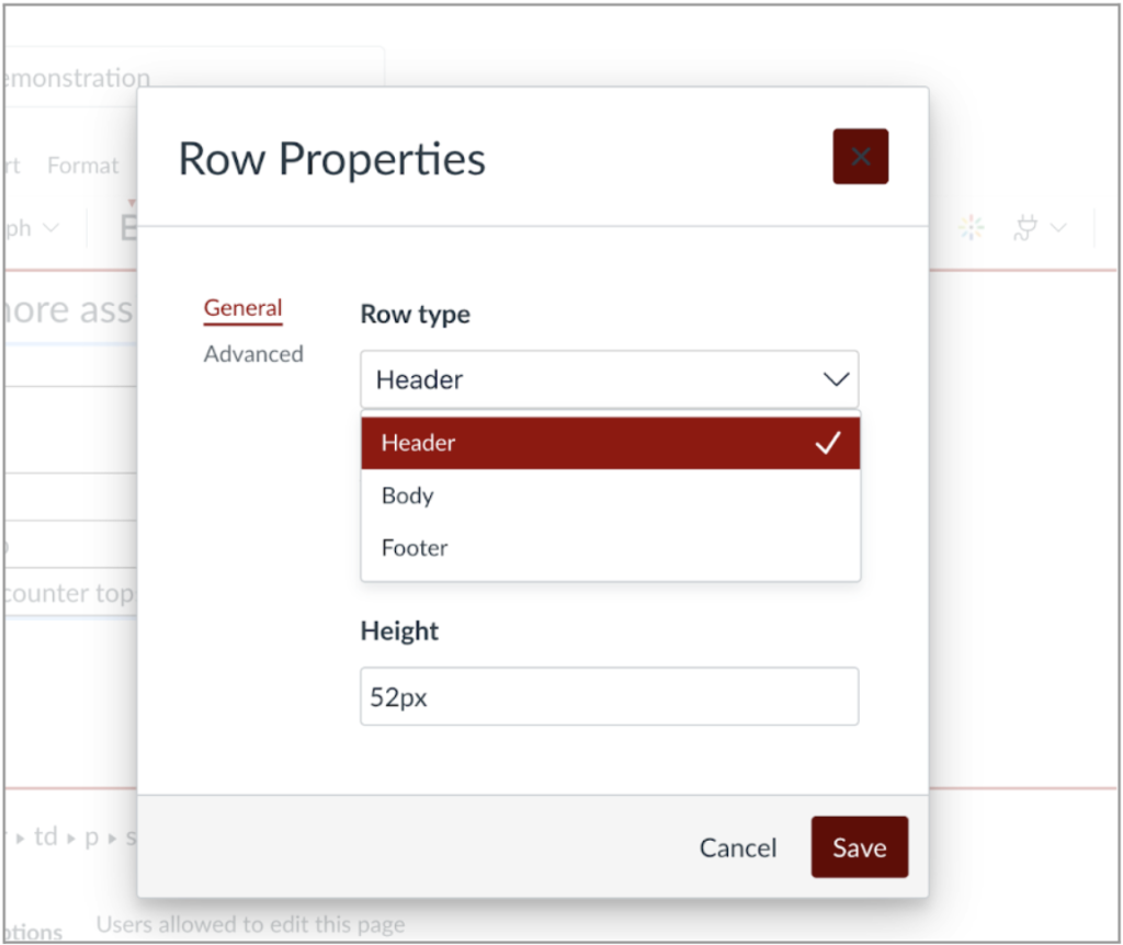 Selecting a Header row in Canvas. See caption for more details.