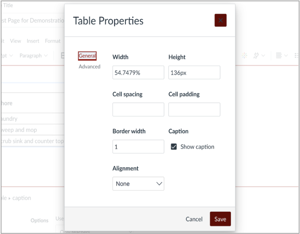 The Table Properties modal in Canvas. See caption for more details.