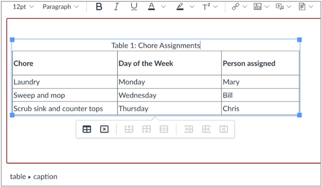 A table in Canvas with a label that says Table 1: Chore assignments. See caption for more details.