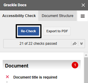 Grackle panel open in Google Docs with "Re-Check" button circled in black