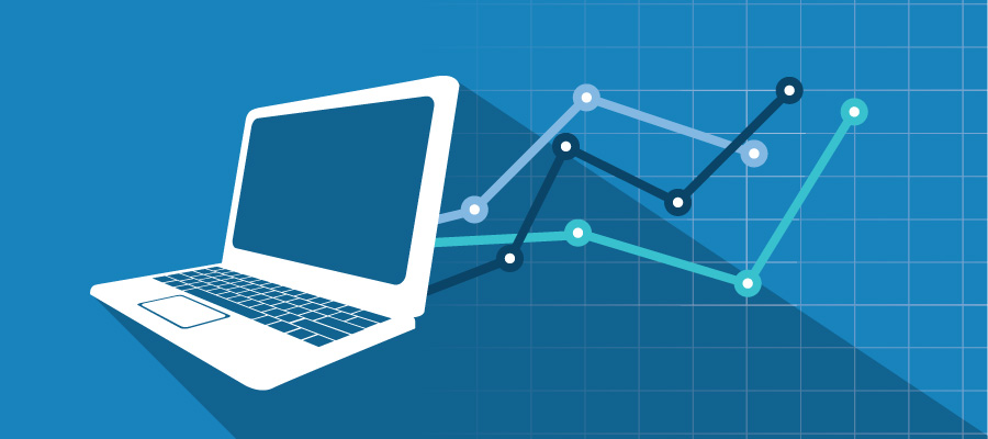 Laptop and an abstract of a line chart on a blue background.