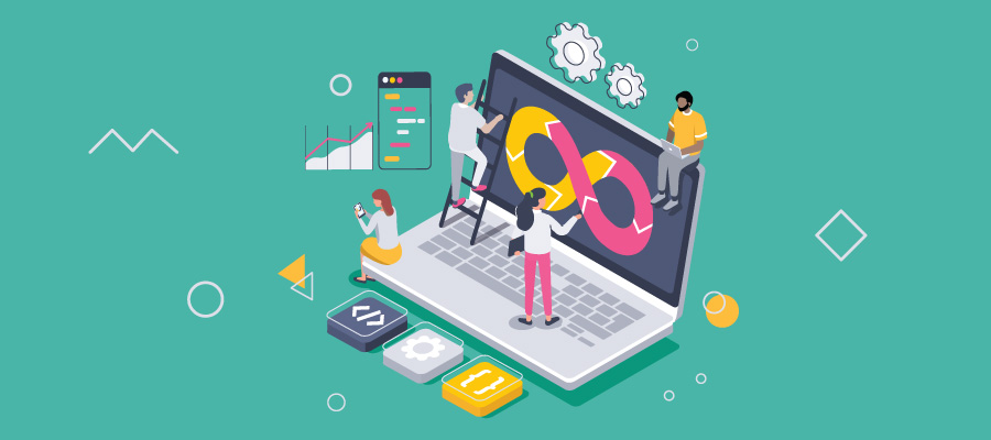 Illustration of people working on devices, making updates, and coding.