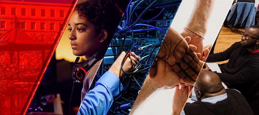 UW campus Botany Garden, cybersecurity employee, network server, hands all in, and employees discussion