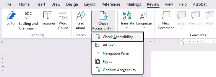 Microsoft Word application with Review tab selected in ribbon. "Check Accessibility" button is circled in black