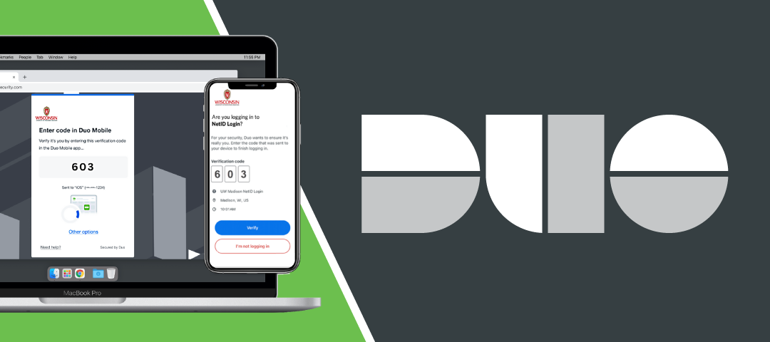 Laptop and smartphone showing NetID login prompt. DUO logo.