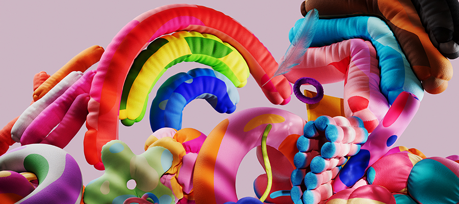 A brightly colored custom background for Teams with a rainbow, and unique color-coded shapes representing different groups of people for Pride.