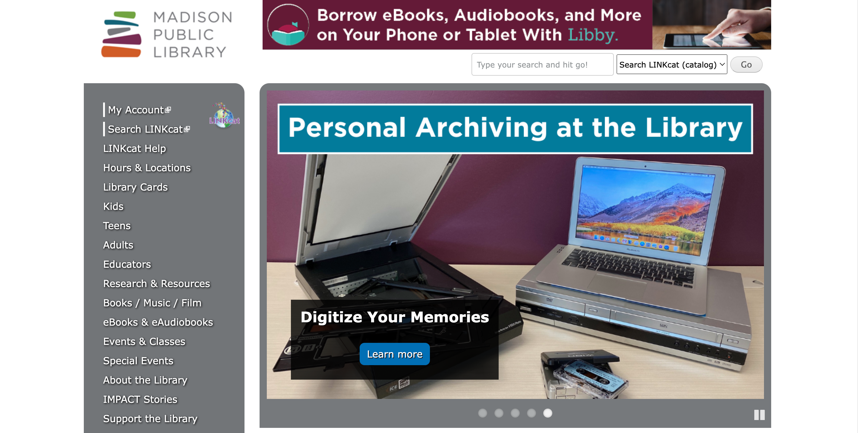 Madison Public Library home page showing image carousel, search bar, and lefthand navigation menu