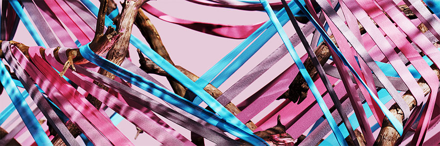 Pink, blue and white ribbons wrapped around sticks in an abstract shape, representing transfeminine pride.