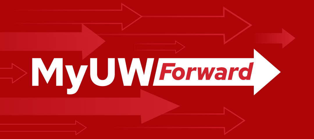 MyUW Forward logo with arrows pointing right on a red background