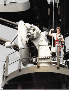 Don Ussery on the mast of the USS Callaghan DDG-994 while out at sea in 1983 in the western Pacific