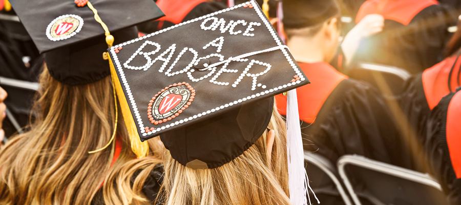 Decorated graduation cap that says, "Once a badger."
