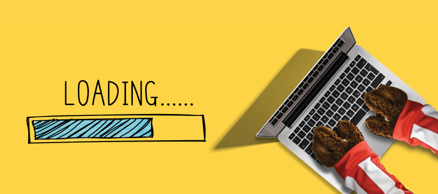 Loading progress bar and an overhead shot of a laptop being used by Bucky Badger