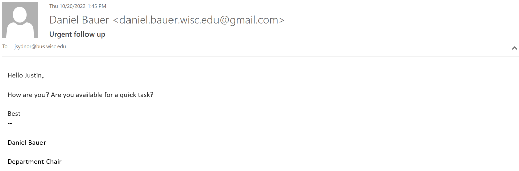 A phishing email where the sender uses a fake email address.