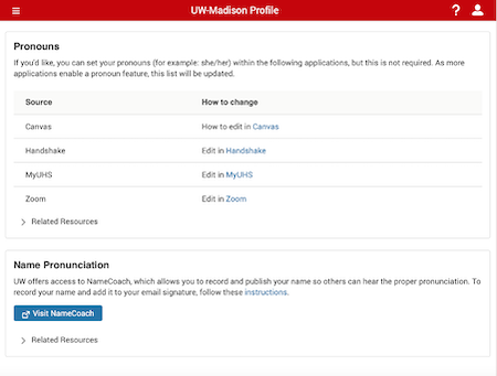 Screenshot showing the features of Profile that help users add their pronouns and name pronunciation.