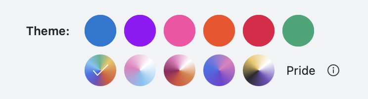 Screenshot of colorful theme options in the Microsoft Outlook app for Macs, including new themes based on pride flag colors.