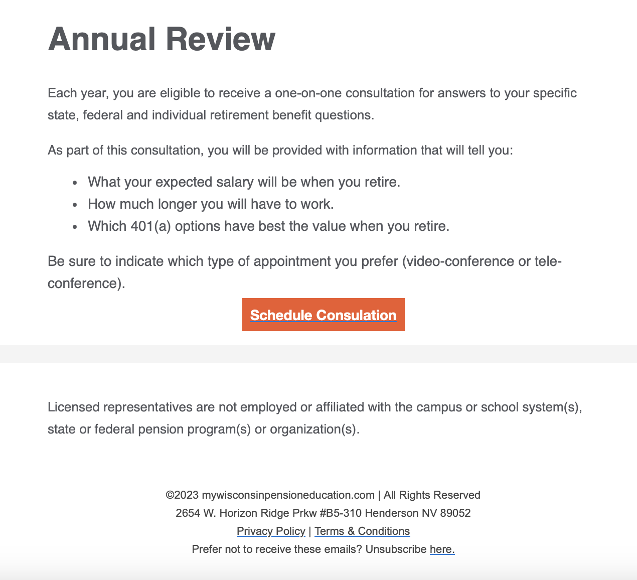 Text of questionable email that begins with: "Annual Review: Each year, you are elegible to receive a one-on-one consultation for answers to your specific ... retirement benefit questions."