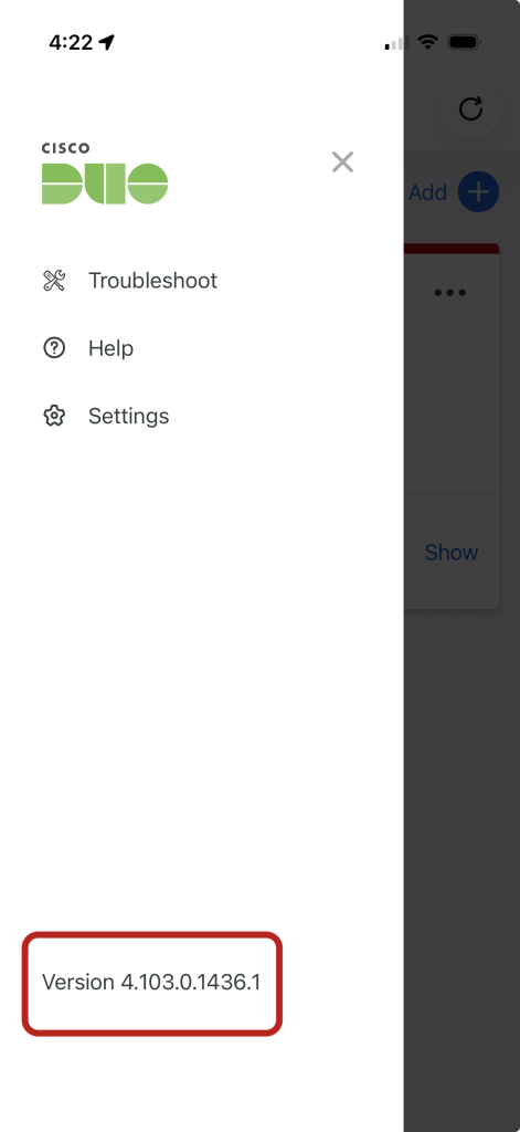 Duo Mobile app menu on iPhone with version number 4.103.0.1436.1 highlighted at the bottom