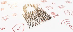 People forming the shape of a secured lock with tech icons