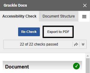 Grackle panel open in Google Docs. "Export to PDF" button is circled in black