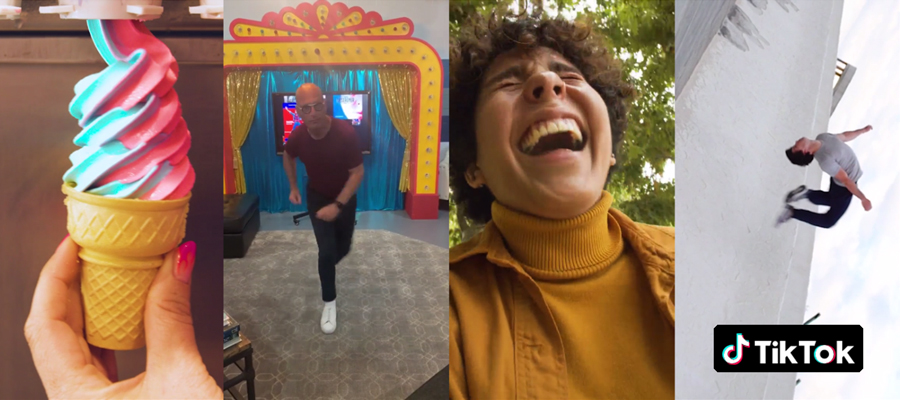 TikTok videos of ice cream, Howie Mandel, laughing, and doing a flip