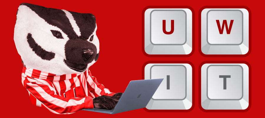 Bucky Badger with a laptop and UW IT