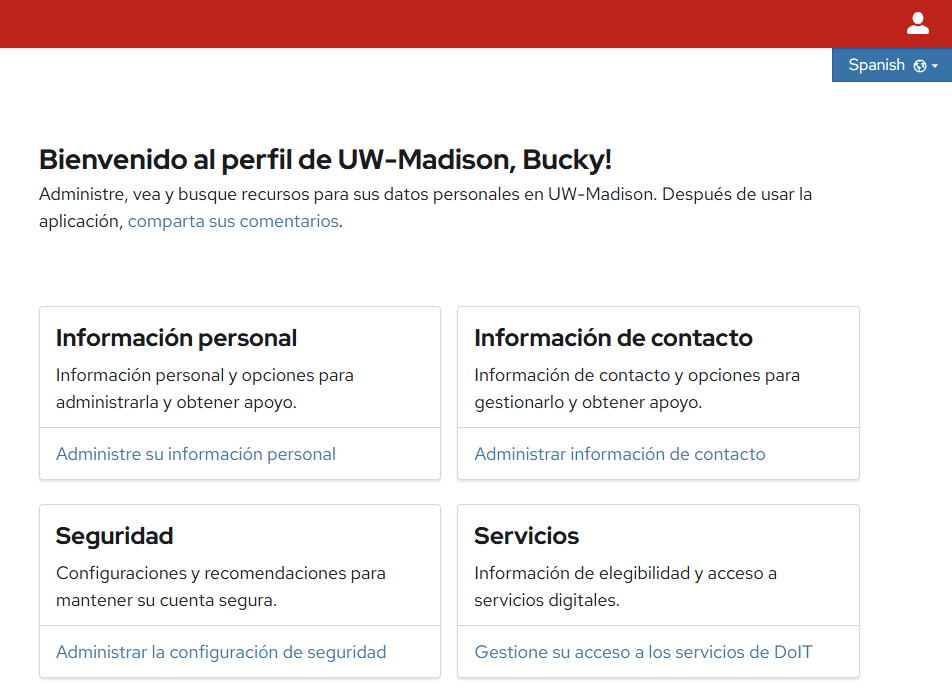 Página de perfil de usuario de UW–‍Madison con 4 secciones principales: información personal, información de contacto, seguridad y servicios