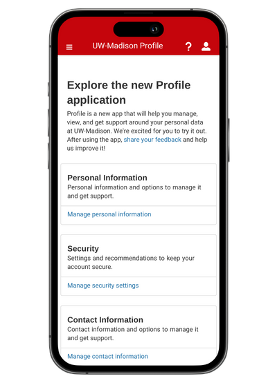 Illustration of an iPhone with the UW–Madison Profile website displayed on the screen.