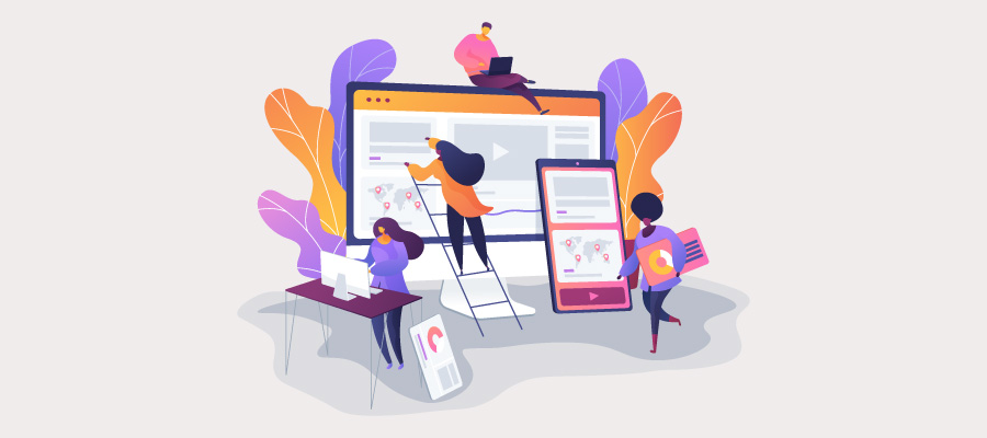 Illustration of people building digital content