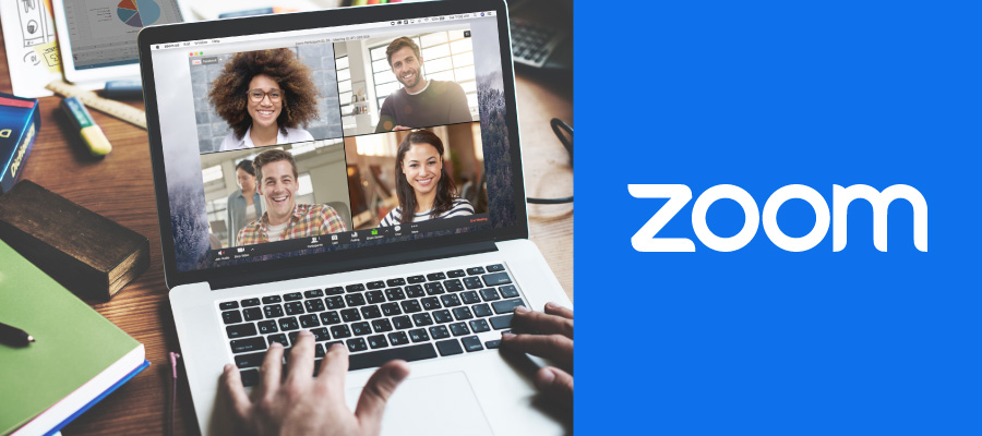 Zoom logo with a photo of a Zoom meeting screen