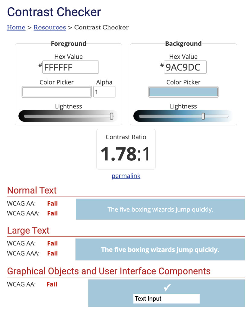 Failed WCAG color contrast checker results